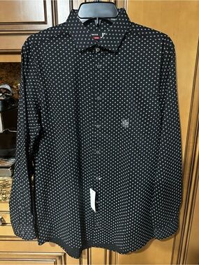 New J.Ferrar Men’s Slim Fit Stretch Dress Shirt Black Geometric Print Medium